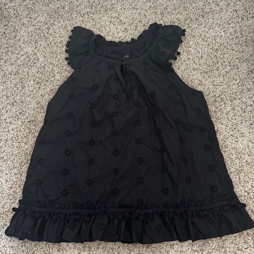 J.CREW Eyelet Pom Pom Top Cotton Poplin Black Blouse Ruffle Trim
